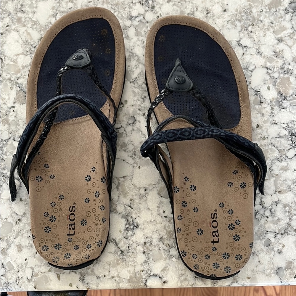 Taos Footwear Navy and Tan Sandals with Cork Footbed